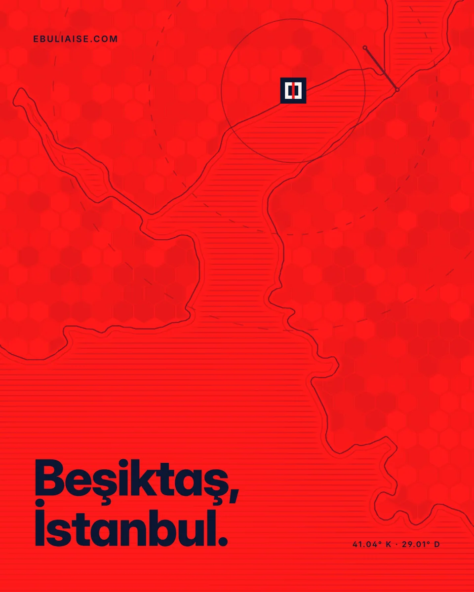 Kırmızı zemin üzerinde İstanbul Boğazı'nı gösteren koyu mavi çizgili harita; Beşiktaş işaretli