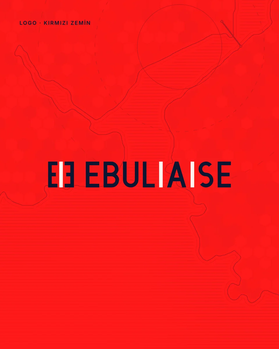 Kırmızı zeminde koyu mavi EBULIAISE logosu